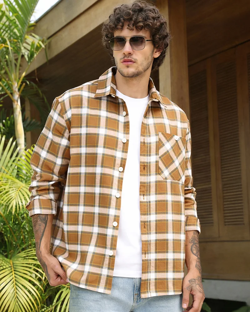 بيواكوف Men's Brown & White Checked Oversized Shirt